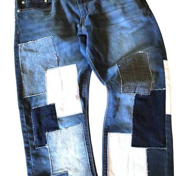 Men’s Patchwork Jeans, Size 36-30: Upcycled Distressed Denim on Denim Patches - Picture 6 of 10